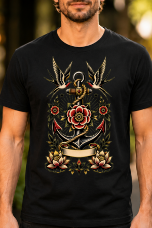 Nautical Anchor Floral Tattoo Art Tshirt