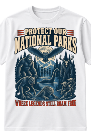 Vintage Protect Our National Parks design with cryptid creatures in a moonlit forest and the phrase Where Legends Still Roam Free.