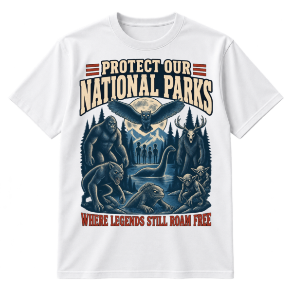 Vintage Protect Our National Parks design with cryptid creatures in a moonlit forest and the phrase Where Legends Still Roam Free.
