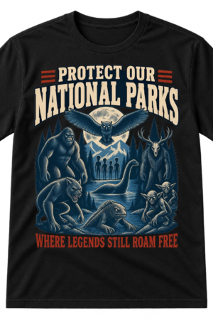 Vintage Protect Our National Parks design with cryptid creatures in a moonlit forest and the phrase Where Legends Still Roam Free.