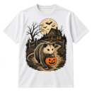 Vintage Halloween illustration of a possum carrying a jack-o'-lantern bucket near a spooky farmhouse, bats, and a full moon.