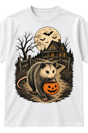 Vintage Halloween illustration of a possum carrying a jack-o'-lantern bucket near a spooky farmhouse, bats, and a full moon.