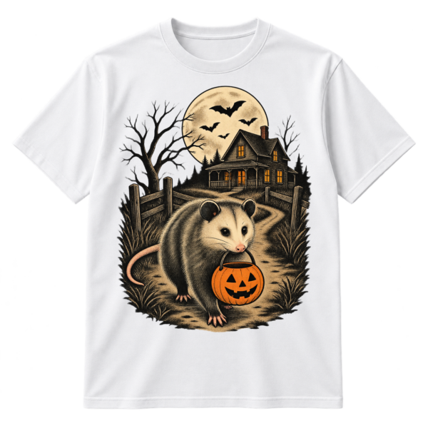 Vintage Halloween illustration of a possum carrying a jack-o'-lantern bucket near a spooky farmhouse, bats, and a full moon.