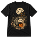Vintage Halloween illustration of a possum carrying a jack-o'-lantern bucket near a spooky farmhouse, bats, and a full moon.