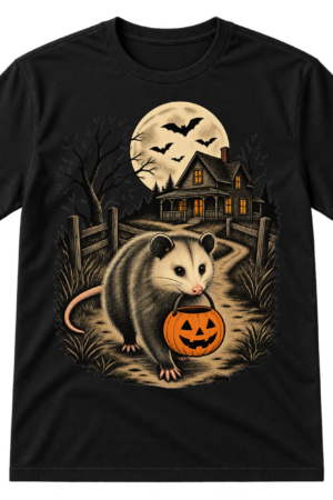 Vintage Halloween illustration of a possum carrying a jack-o'-lantern bucket near a spooky farmhouse, bats, and a full moon.