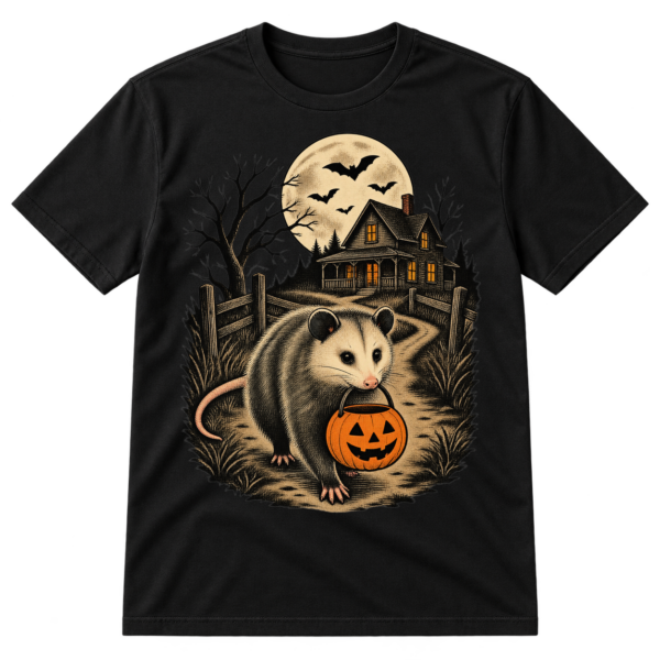 Vintage Halloween illustration of a possum carrying a jack-o'-lantern bucket near a spooky farmhouse, bats, and a full moon.