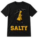 Vintage rainy-day graphic with an umbrella-carrying raincoat figure, the quote “No storm KNOWS the reason to stop,” and large distressed SALTY text.