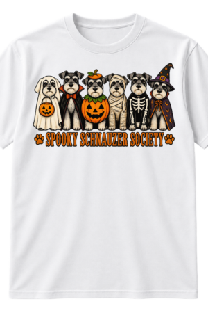 Six schnauzers in Halloween costumes above the text “SPOOKY SCHNAUZER SOCIETY” with paw-print icons.