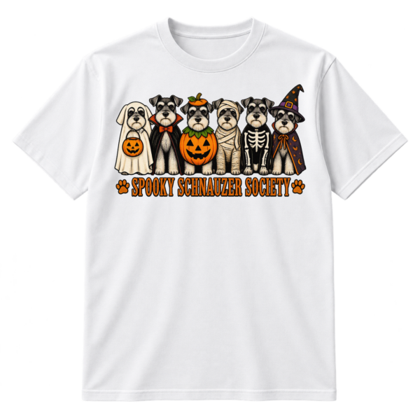 Six schnauzers in Halloween costumes above the text “SPOOKY SCHNAUZER SOCIETY” with paw-print icons.