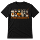 Six schnauzers in Halloween costumes above the text “SPOOKY SCHNAUZER SOCIETY” with paw-print icons.