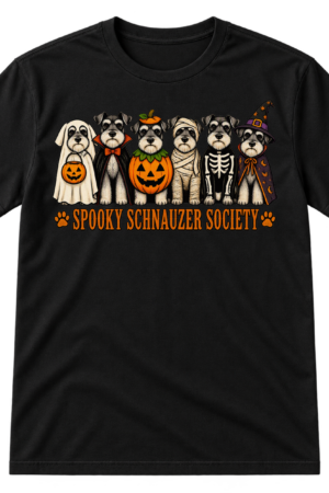 Six schnauzers in Halloween costumes above the text “SPOOKY SCHNAUZER SOCIETY” with paw-print icons.