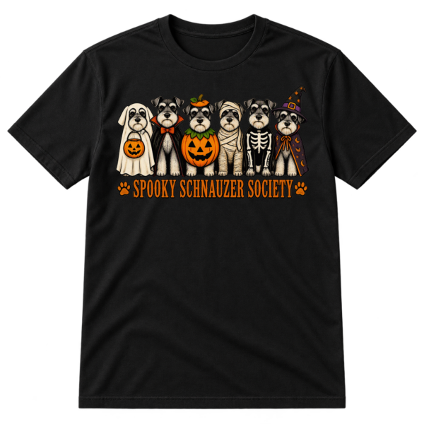 Six schnauzers in Halloween costumes above the text “SPOOKY SCHNAUZER SOCIETY” with paw-print icons.