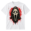 Distressed vintage horror graphic with an elongated screaming mask in a hood, surrounded by hot-pink paint splatters.
