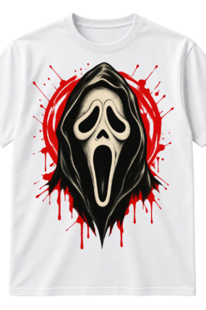 Distressed vintage horror graphic with an elongated screaming mask in a hood, surrounded by hot-pink paint splatters.