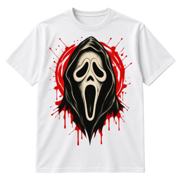 Distressed vintage horror graphic with an elongated screaming mask in a hood, surrounded by hot-pink paint splatters.