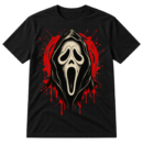 Distressed vintage horror graphic with an elongated screaming mask in a hood, surrounded by hot-pink paint splatters.