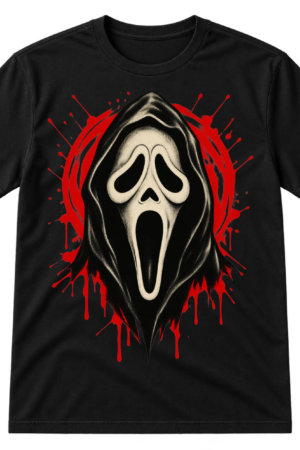 Distressed vintage horror graphic with an elongated screaming mask in a hood, surrounded by hot-pink paint splatters.