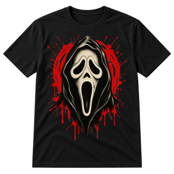 Distressed vintage horror graphic with an elongated screaming mask in a hood, surrounded by hot-pink paint splatters.