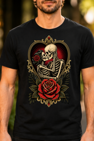 Skeleton Lovers Heart Rose Tattoo Tshirt