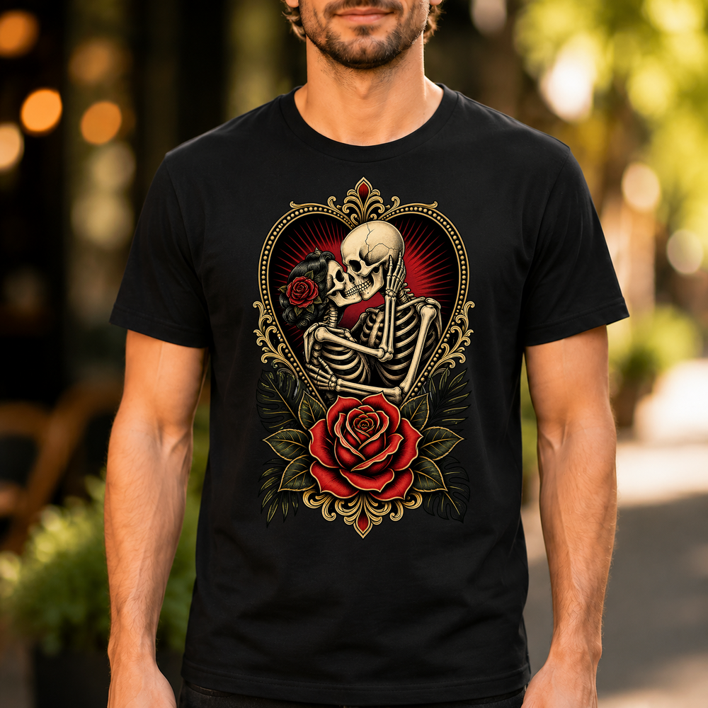 Skeleton Lovers Heart Rose Tattoo Tshirt