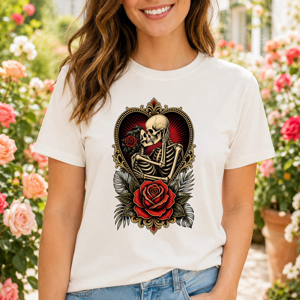Skeleton Lovers Heart Rose Tattoo Tshirt