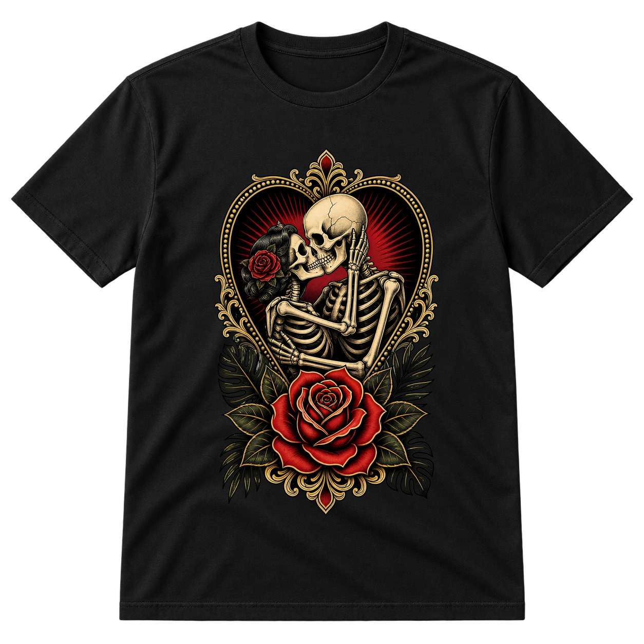 Skeleton Lovers Heart Rose Tattoo Tshirt