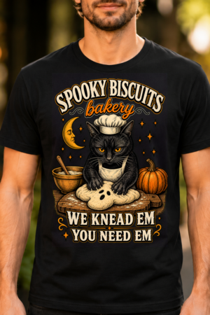 Spooky Biscuits Bakery Halloween Cat Tshirt