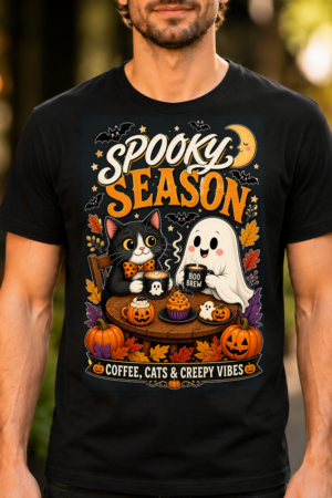 Spooky Season Coffee Cats Creepy Vibes Tshirt