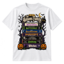 Vintage Halloween illustration of stacked spooky VHS tapes framed by bare trees, spiderwebs, bats, and jack-o-lanterns.