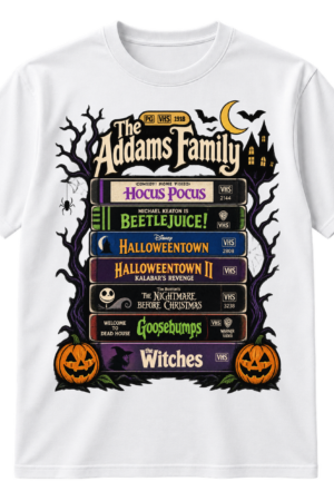 Vintage Halloween illustration of stacked spooky VHS tapes framed by bare trees, spiderwebs, bats, and jack-o-lanterns.