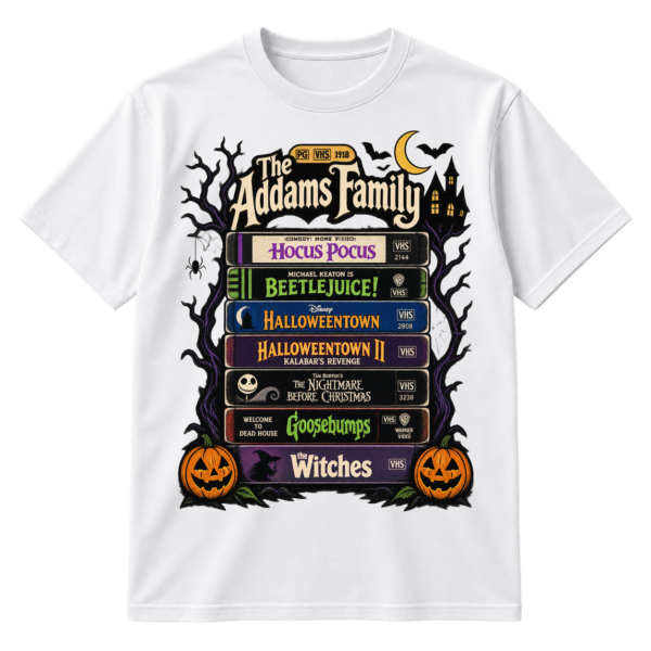 Vintage Halloween illustration of stacked spooky VHS tapes framed by bare trees, spiderwebs, bats, and jack-o-lanterns.