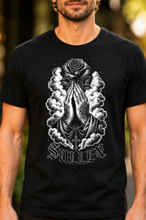 Sullen Praying Hands Rose Tattoo Art Tshirt
