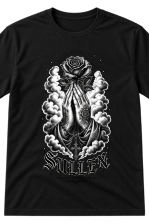Sullen Praying Hands Rose Tattoo Art Tshirt