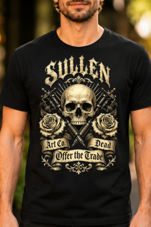 Sullen Skull Roses Crossed Needles Tattoo Design Tshirt