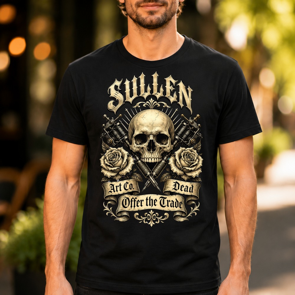 Sullen Skull Roses Crossed Needles Tattoo Design Tshirt