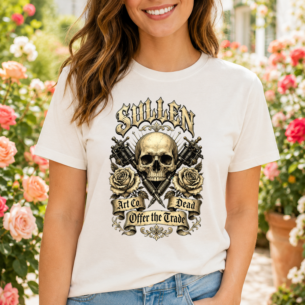 Sullen Skull Roses Crossed Needles Tattoo Design Tshirt