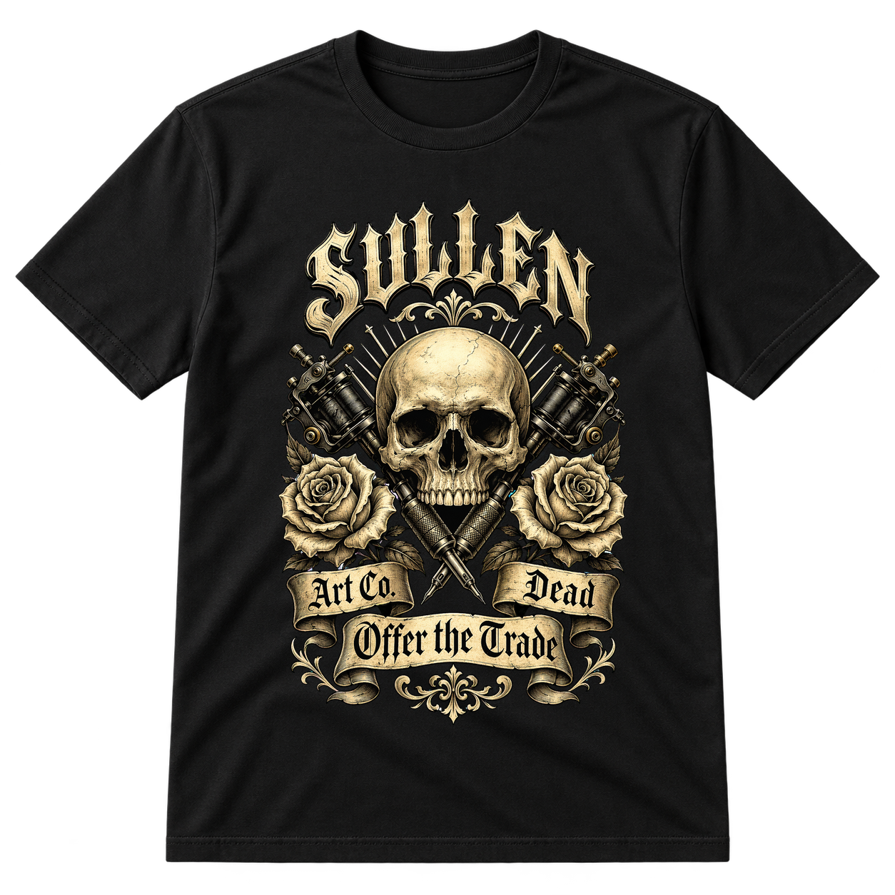Sullen Skull Roses Crossed Needles Tattoo Design Tshirt