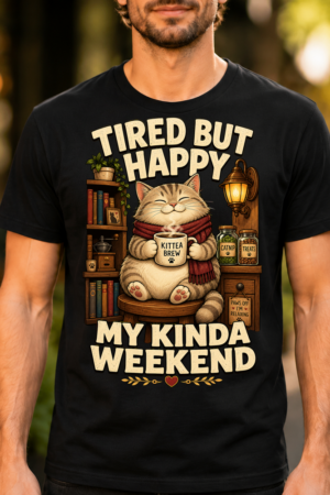 Tired But Happy Cat Weekend Tshirt