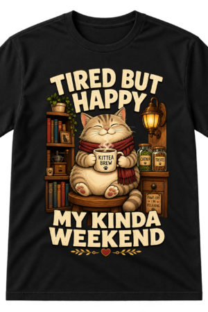 Tired But Happy Cat Weekend Tshirt