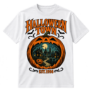 Vintage Halloween Town graphic with gothic lettering, a giant jack-o'-lantern framing a haunted village, bats, and EST.1998 text.