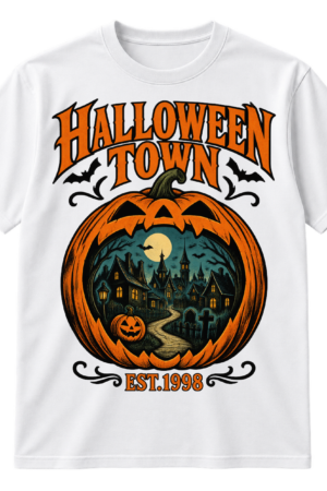 Vintage Halloween Town graphic with gothic lettering, a giant jack-o'-lantern framing a haunted village, bats, and EST.1998 text.