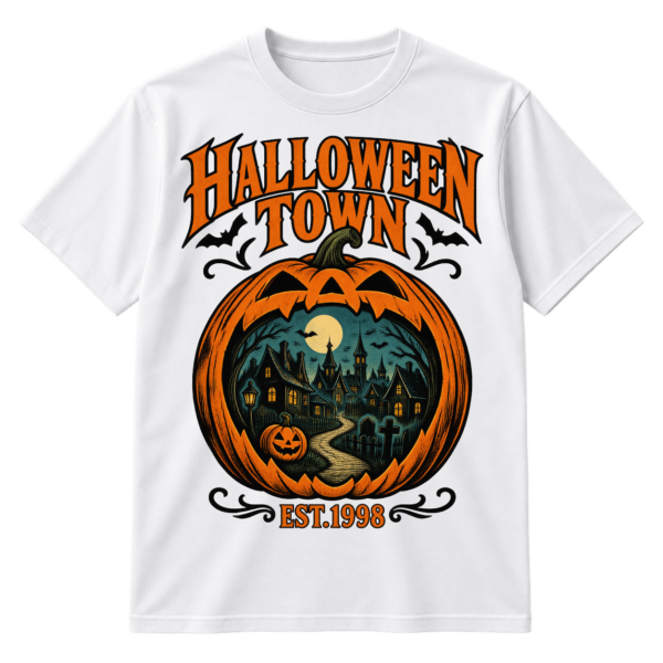 Vintage Halloween Town graphic with gothic lettering, a giant jack-o'-lantern framing a haunted village, bats, and EST.1998 text.