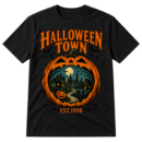 Vintage Halloween Town graphic with gothic lettering, a giant jack-o'-lantern framing a haunted village, bats, and EST.1998 text.