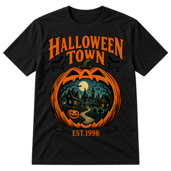 Vintage Halloween Town graphic with gothic lettering, a giant jack-o'-lantern framing a haunted village, bats, and EST.1998 text.