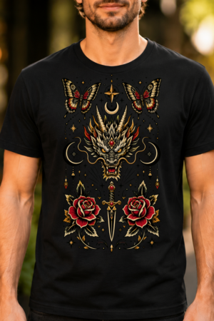 Traditional Tattoo Dragon Dagger Design Tshirt