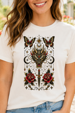 Traditional Tattoo Dragon Dagger Design Tshirt