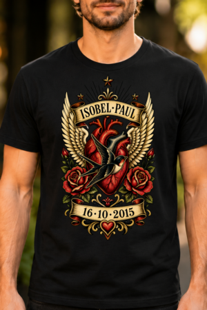 Traditional Tattoo Heart Swallow Banner Tshirt