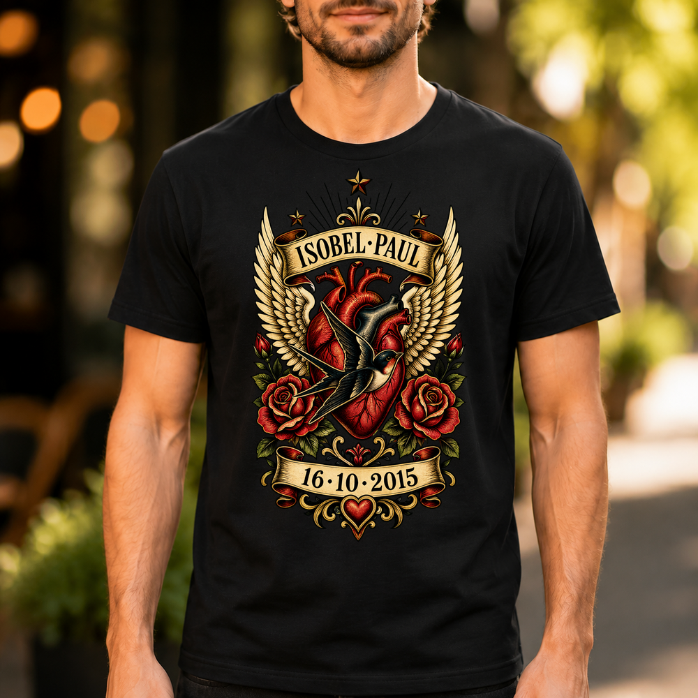 Traditional Tattoo Heart Swallow Banner Tshirt