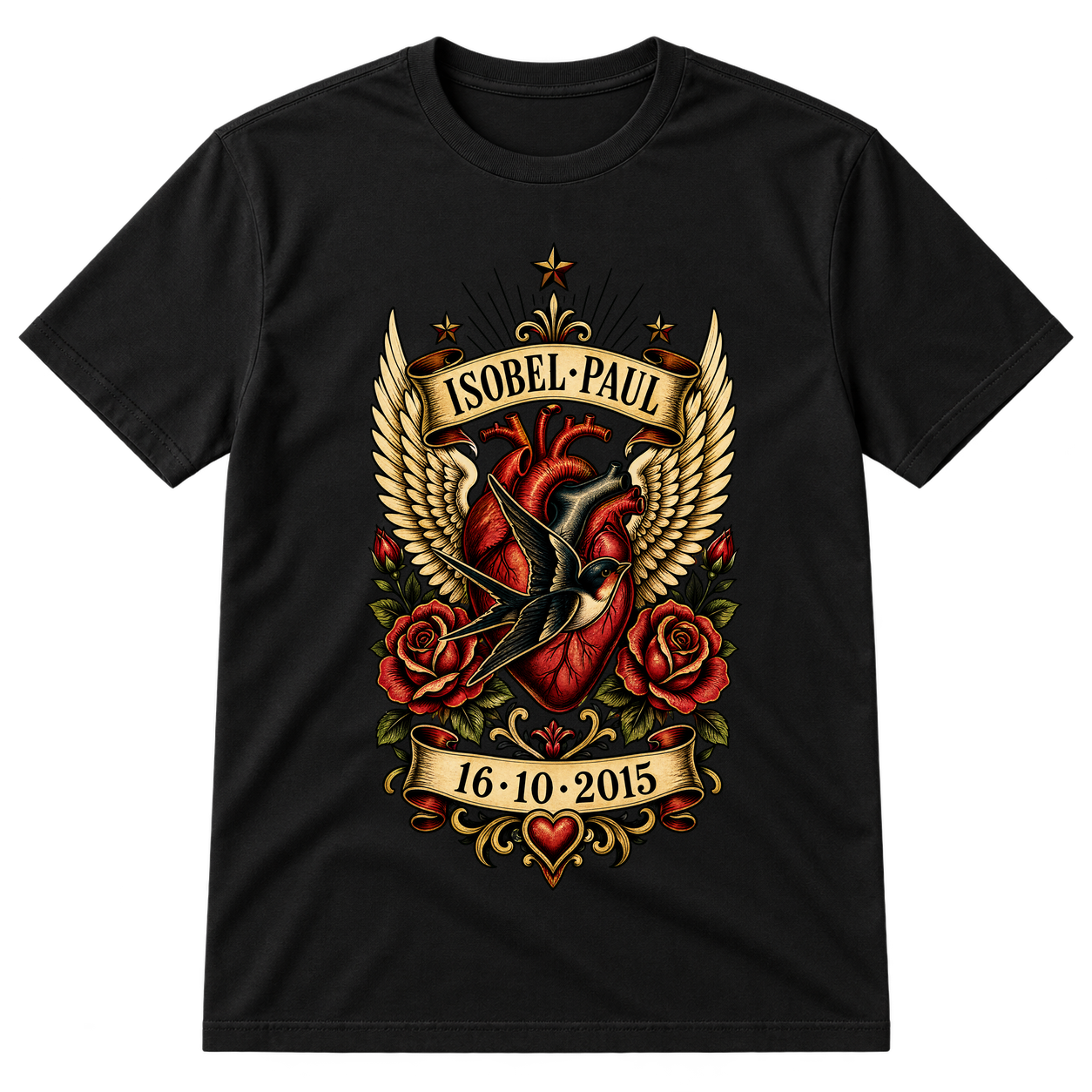 Traditional Tattoo Heart Swallow Banner Tshirt