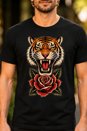 Traditional Tiger Rose Tattoo Tshirt